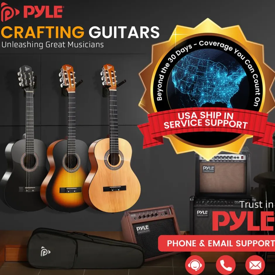 Acoustic Guitar Kit, Perfect for Beginners, 30" Wood, Black Matte<Pyle Best
