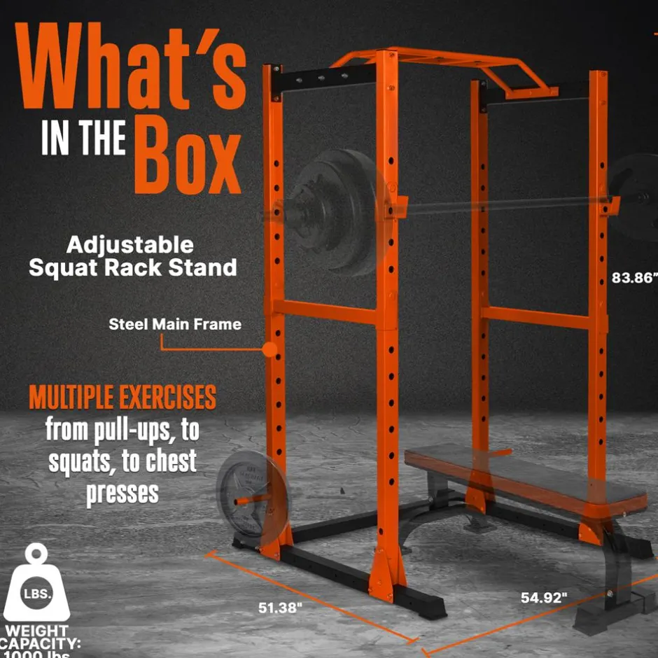 Adjustable Squat Rack Stand, 1000lb Capacity, Heavy Duty Steel, Rust Resistant<SQUATZ Clearance
