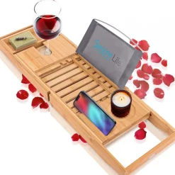 Bamboo Bathtub Caddy Tray - Relaxation Organizer, Adjustable, Natural Wood<SereneLife Sale