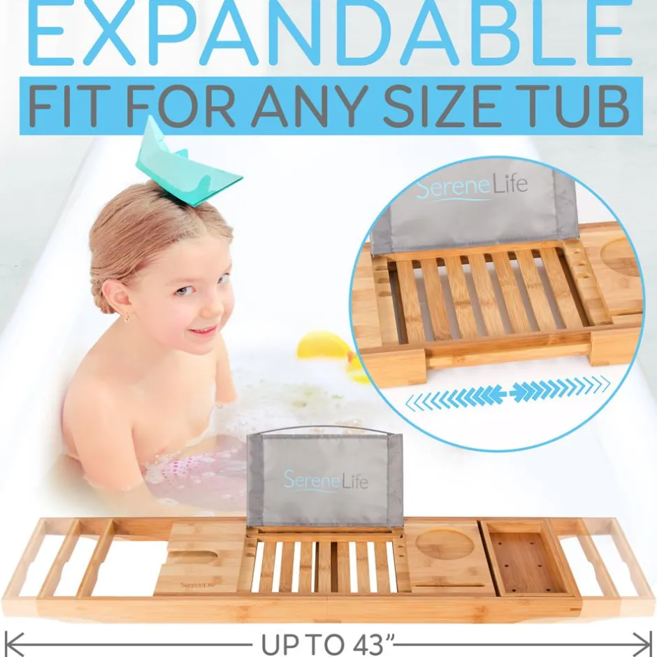 Bamboo Bathtub Caddy Tray - Relaxation Organizer, Adjustable, Natural Wood<SereneLife Sale