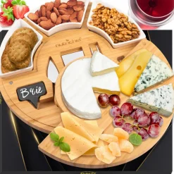 Bamboo Cheese Board Set, Extra Large, 13" Round, Includes Knives & Bowls<NutriChef Online