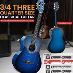 Beginner Acoustic Guitar Kit, Warm Sound, Nylon Strings, Blue Gloss, 36