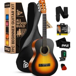 Beginner Acoustic Guitar Kit, 39" Wood, Digital Tuner, Sunburst<Pyle Hot