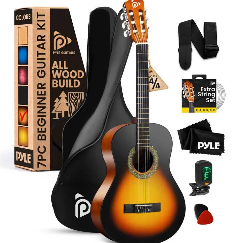 Beginner Acoustic Guitar Kit, 39" Wood, Digital Tuner, Sunburst<Pyle Hot