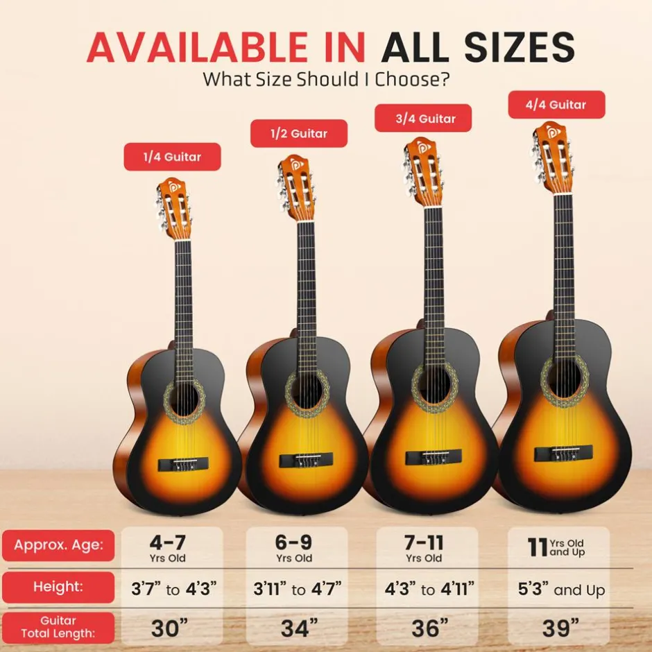Beginner Acoustic Guitar Kit, 39" Wood, Digital Tuner, Sunburst<Pyle Hot