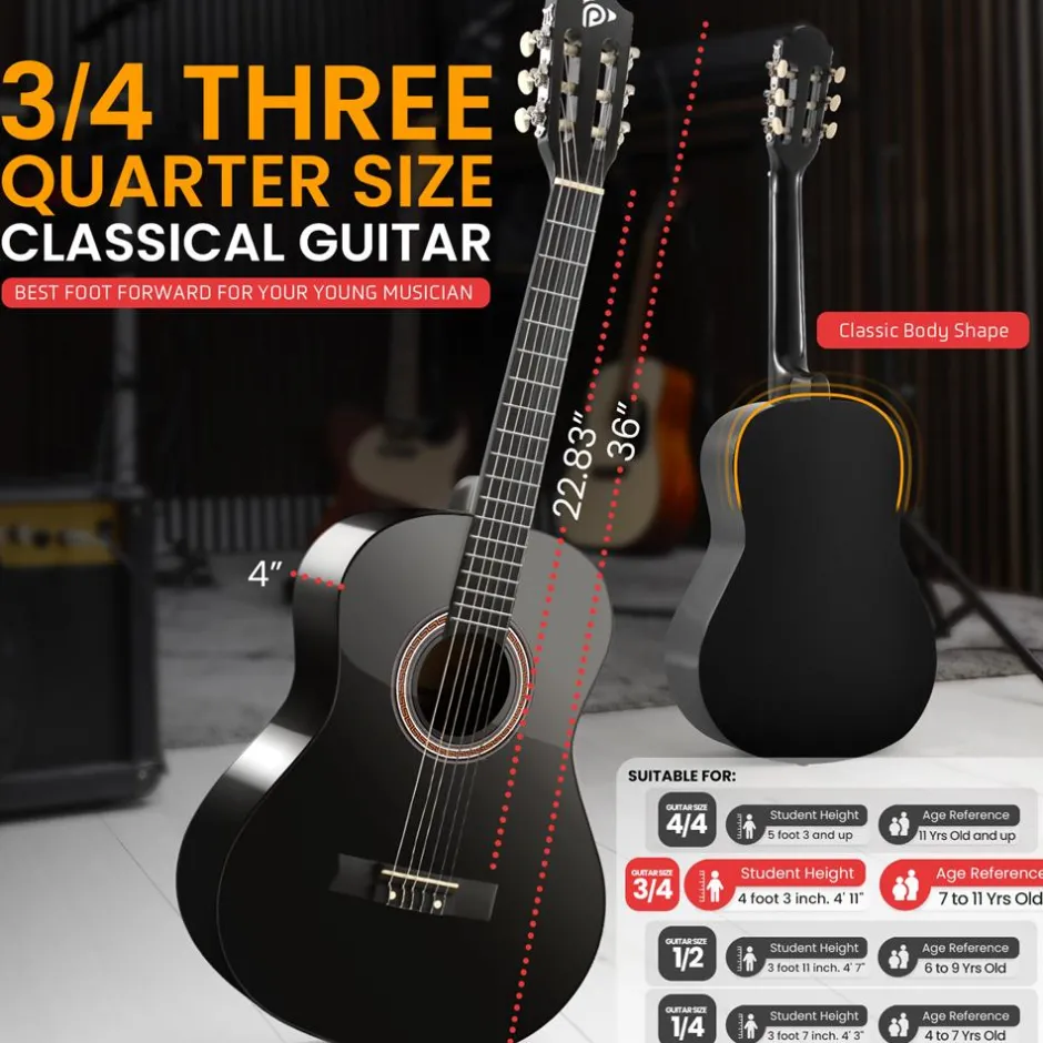 Beginner Acoustic Guitar Kit, Warm Sound, Nylon Strings, 36" Gloss Black<Pyle Best