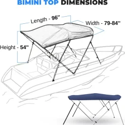 Bimini Top Boat Cover, Waterproof UV-Resistant, Aluminum Frame, Blue<SereneLife Sale