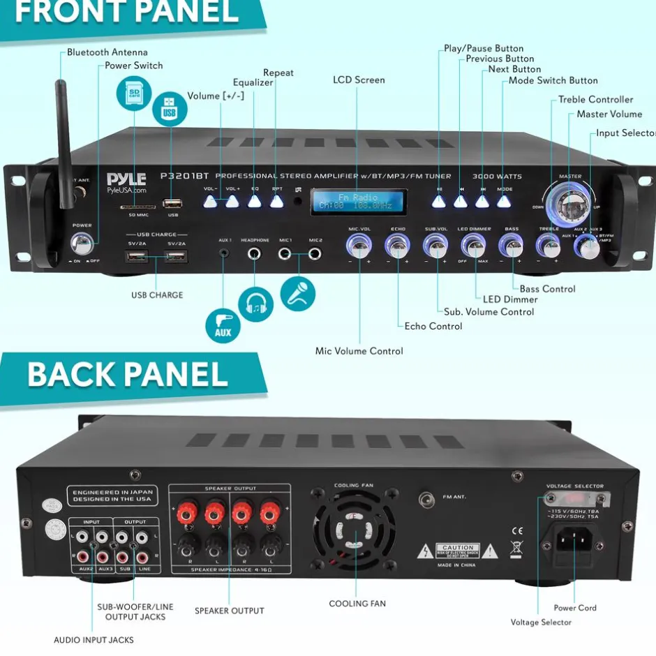Bluetooth Amplifier Receiver 3000W Wireless Streaming Multi-Channel Audio<Pyle Best