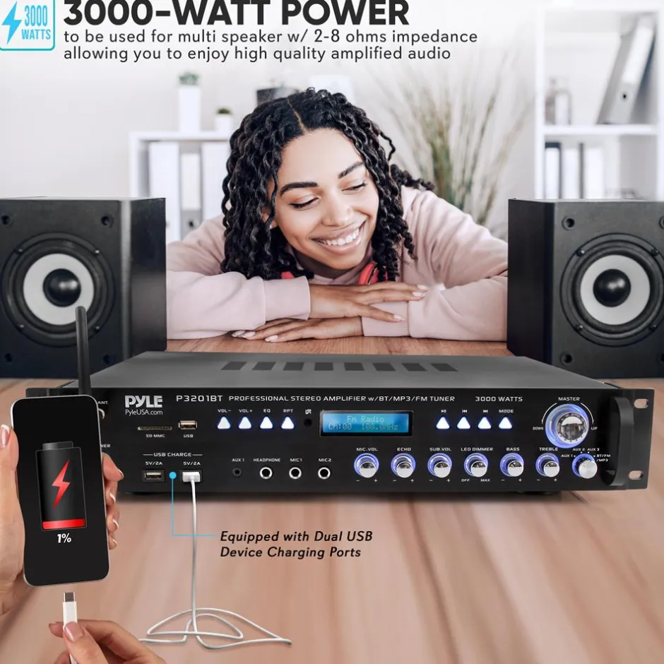 Bluetooth Amplifier Receiver 3000W Wireless Streaming Multi-Channel Audio<Pyle Best