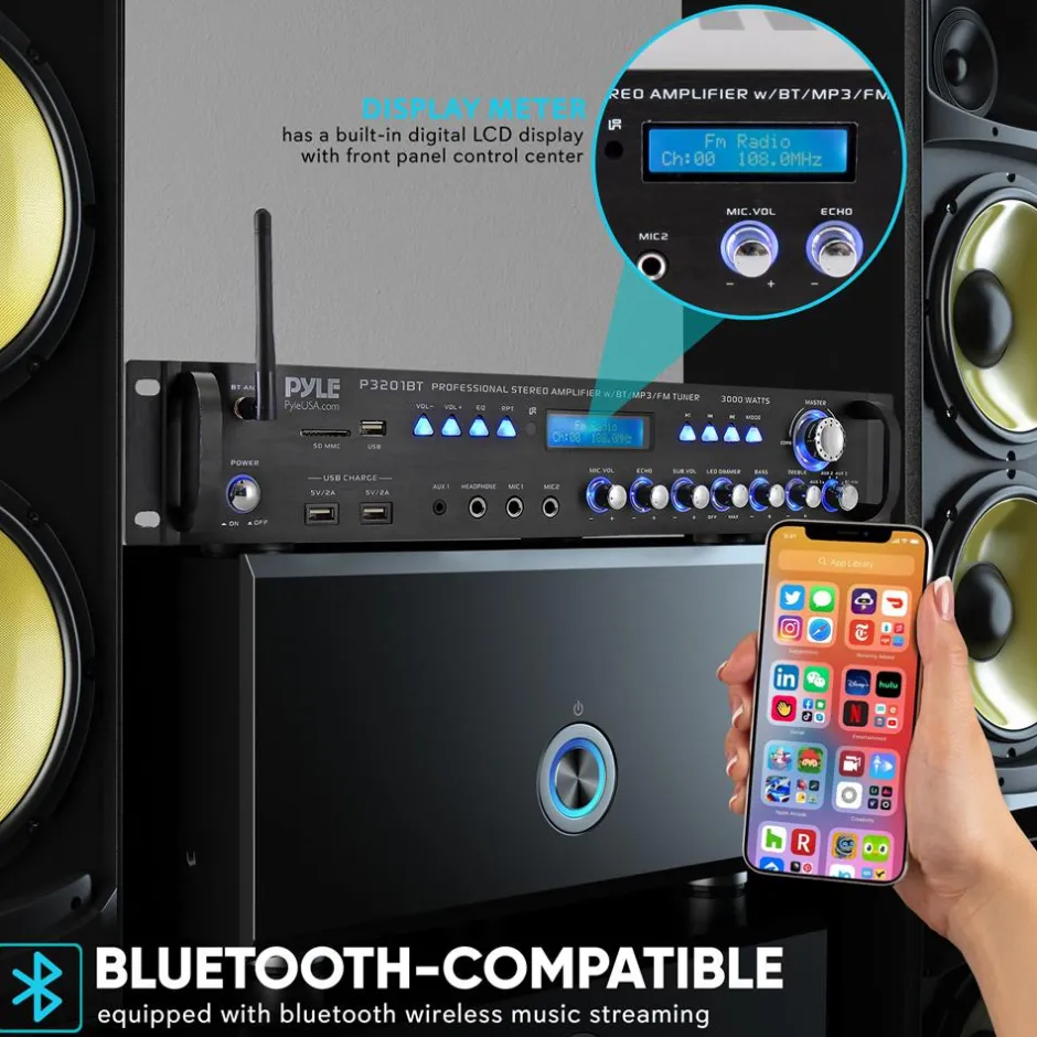 Bluetooth Amplifier Receiver 3000W Wireless Streaming Multi-Channel Audio<Pyle Best