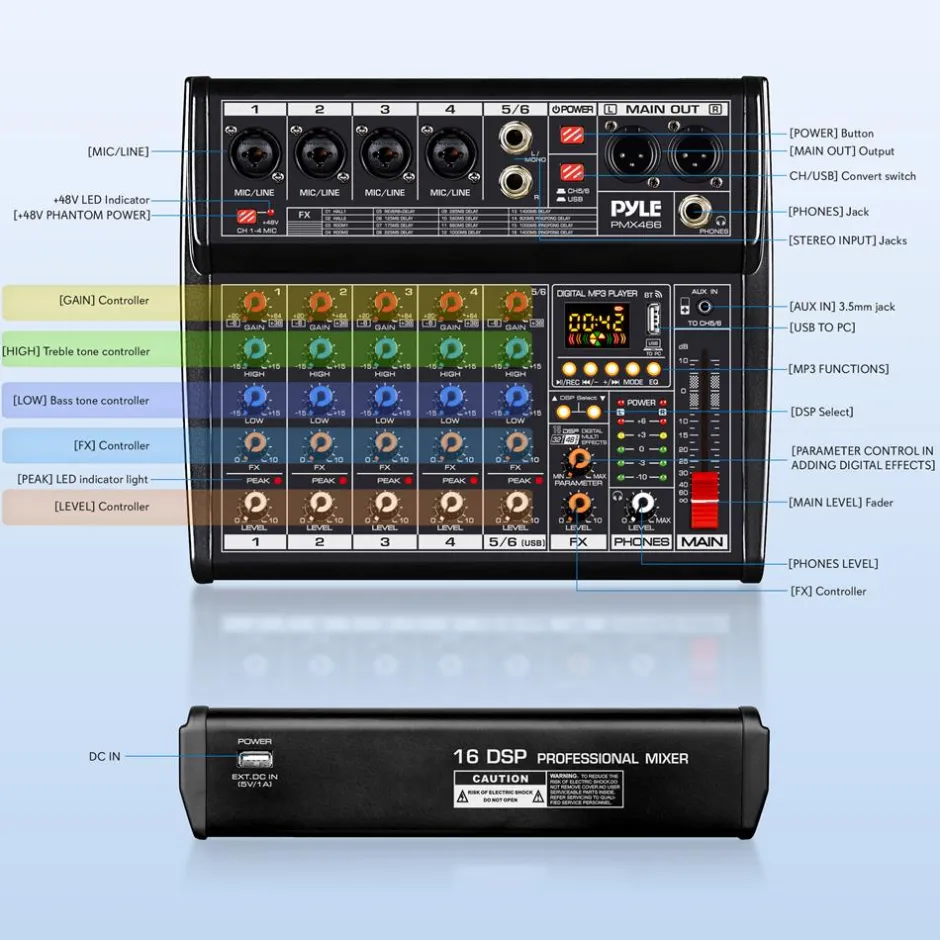Bluetooth DJ Mixer 6-Channel USB Interface 16 DSP Effects<Pyle Online