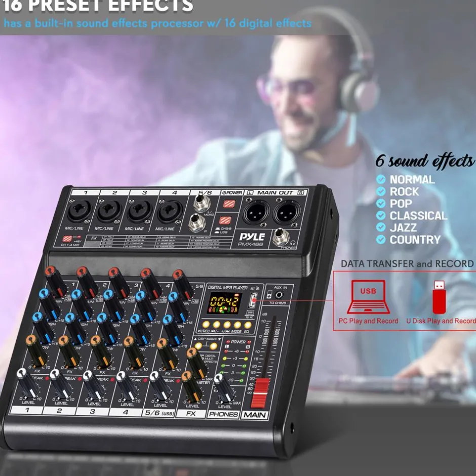 Bluetooth DJ Mixer 6-Channel USB Interface 16 DSP Effects<Pyle Online
