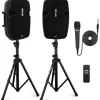 Bluetooth PA Speaker Kit 700W - Dual 8" Speakers, Stands, Mic, Remote<Pyle New