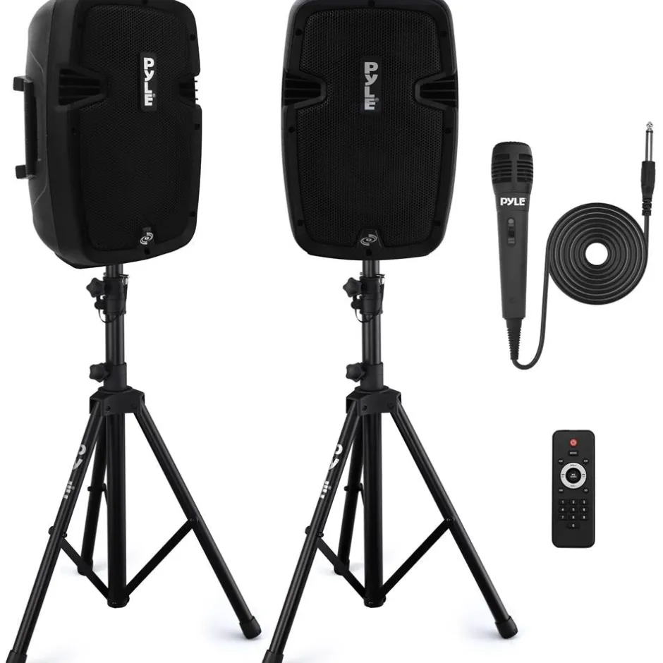 Bluetooth PA Speaker Kit 700W - Dual 8" Speakers, Stands, Mic, Remote<Pyle New