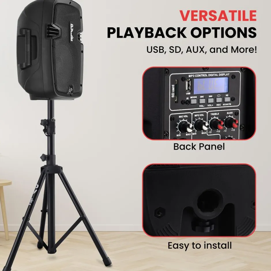 Bluetooth PA Speaker Kit 700W - Dual 8" Speakers, Stands, Mic, Remote<Pyle New
