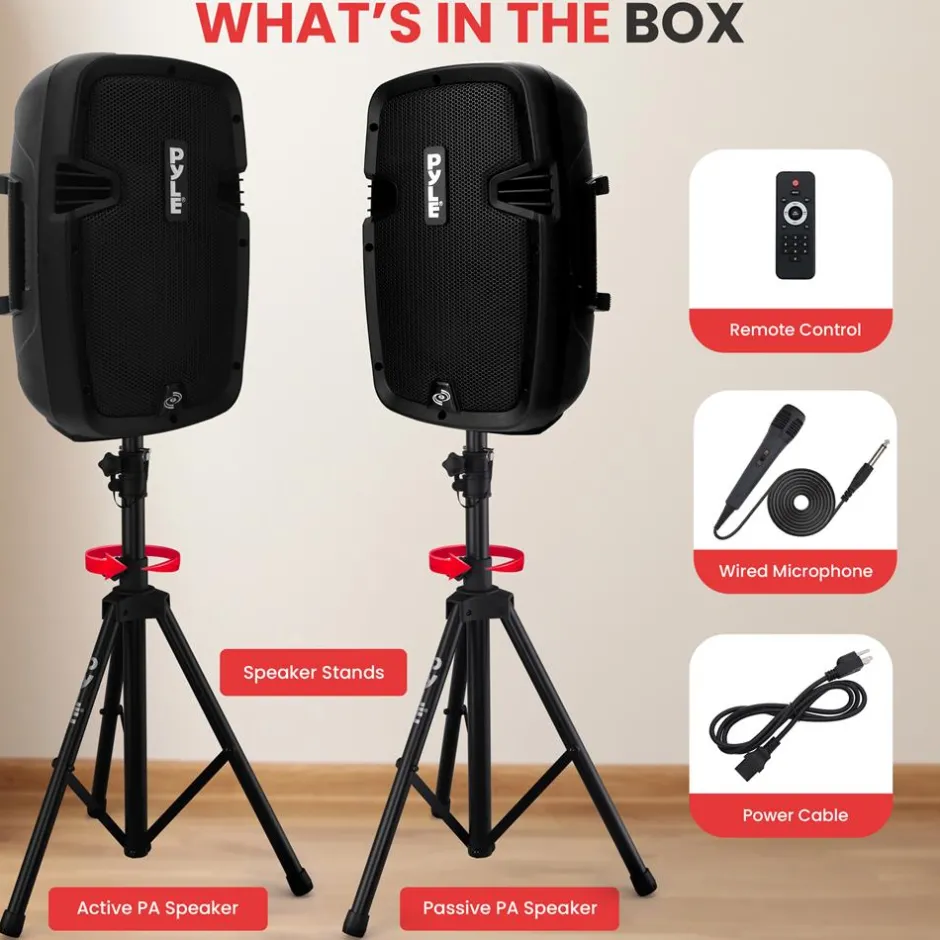 Bluetooth PA Speaker Kit 700W - Dual 8" Speakers, Stands, Mic, Remote<Pyle New