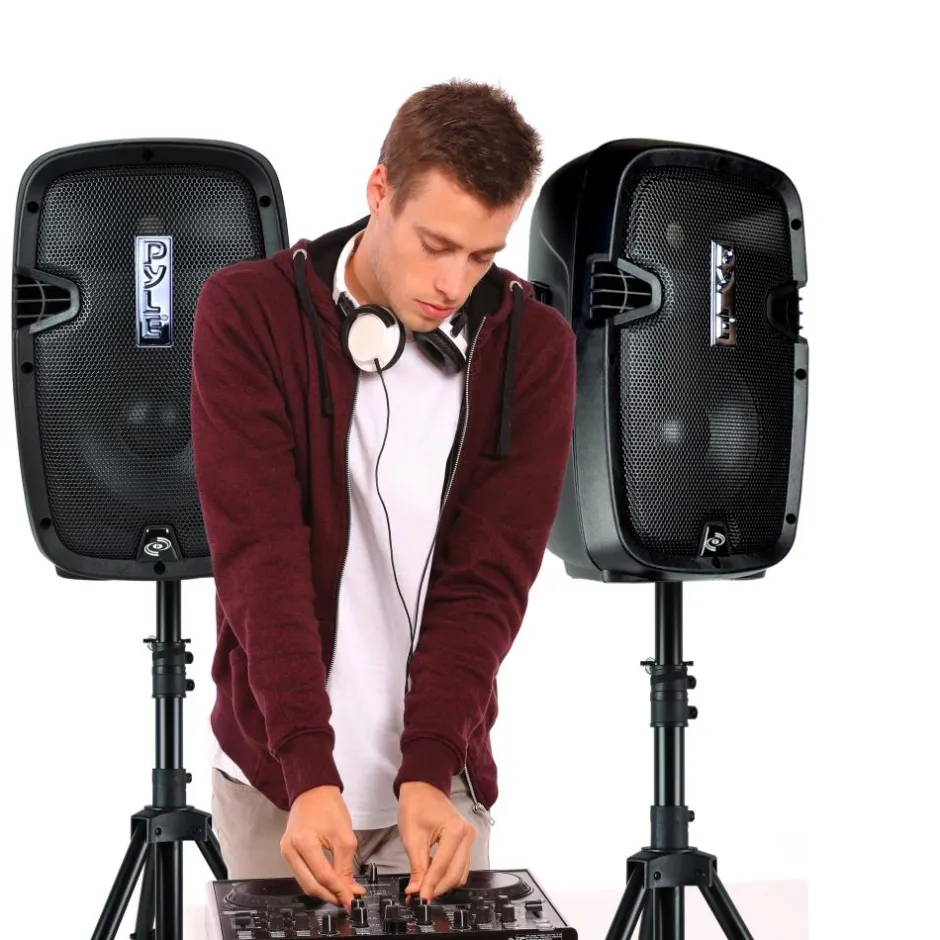 Bluetooth PA Speaker Kit 700W - Dual 8" Speakers, Stands, Mic, Remote<Pyle New