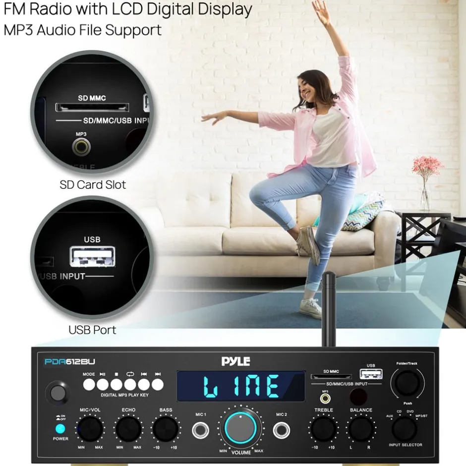 Bluetooth Stereo Amplifier 200W Power FM Radio LCD Display<Pyle Online