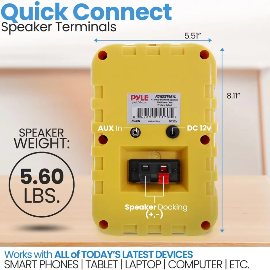 Bluetooth Waterproof Speakers 300W 4" 2-Way Polymer Tweeter Yellow<Pyle Online