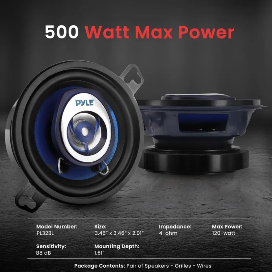 Car Stereo Speakers 120W Low Distortion Blue Poly Cone 3.5" Pair<Pyle