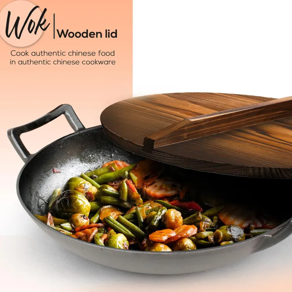 Cast Iron Wok 5.8 Qt Even Heat Pre-Seasoned with Wooden Lid<NutriChef Outlet