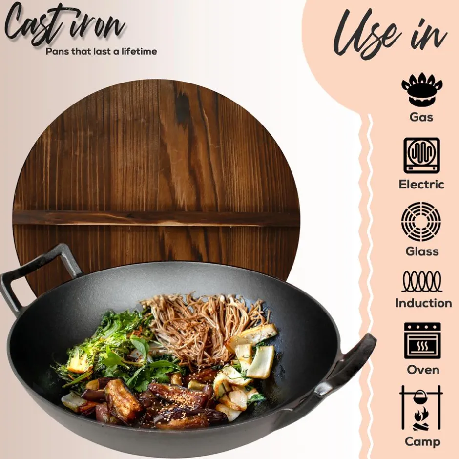 Cast Iron Wok 5.8 Qt Even Heat Pre-Seasoned with Wooden Lid<NutriChef Outlet