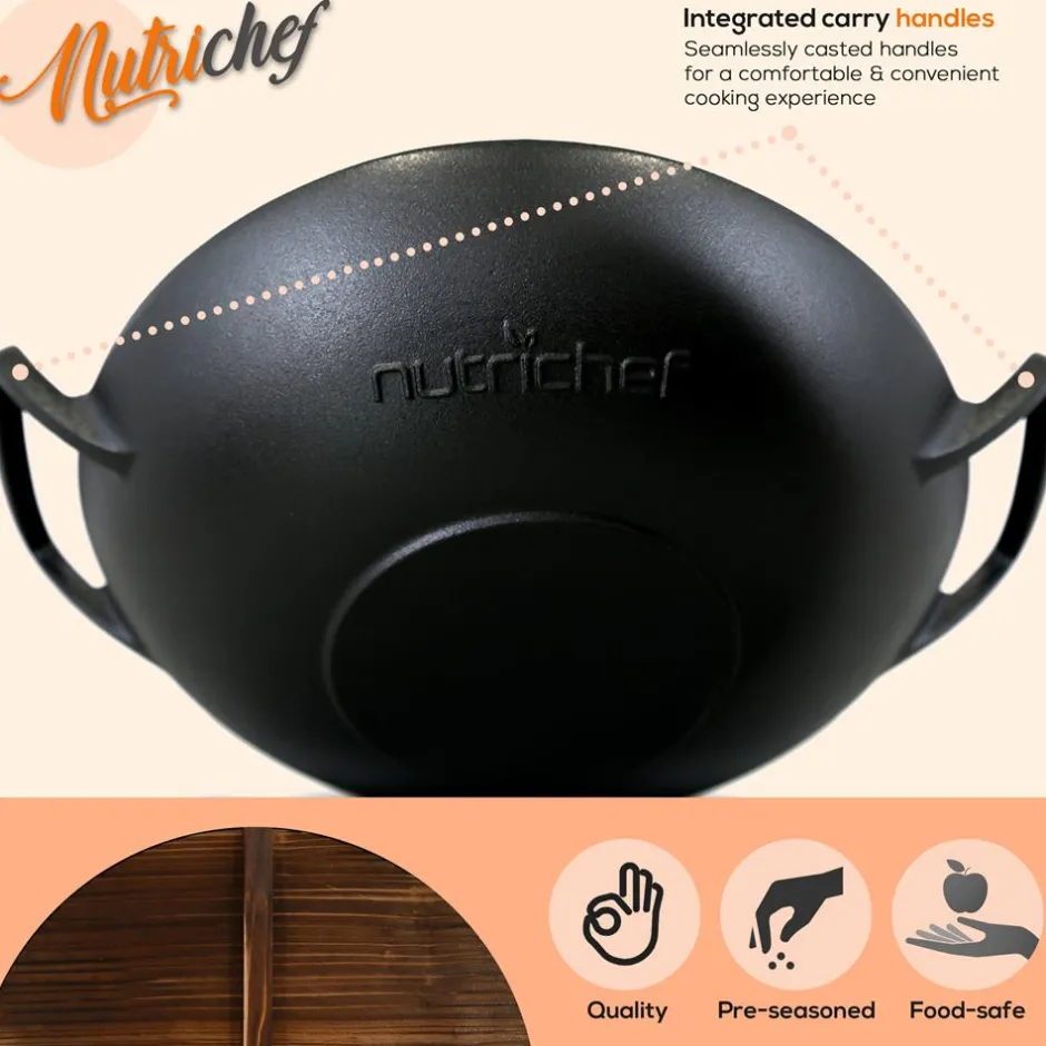 Cast Iron Wok 5.8 Qt Even Heat Pre-Seasoned with Wooden Lid<NutriChef Outlet