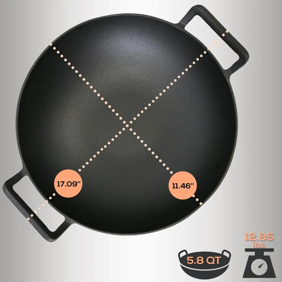 Cast Iron Wok 5.8 Qt Even Heat Pre-Seasoned with Wooden Lid<NutriChef Outlet