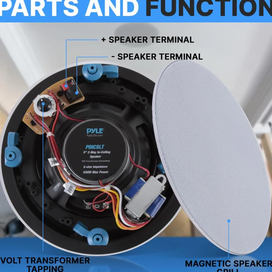 Ceiling Speaker 600W Stereo Sound 8" 2-Way White<Pyle Online