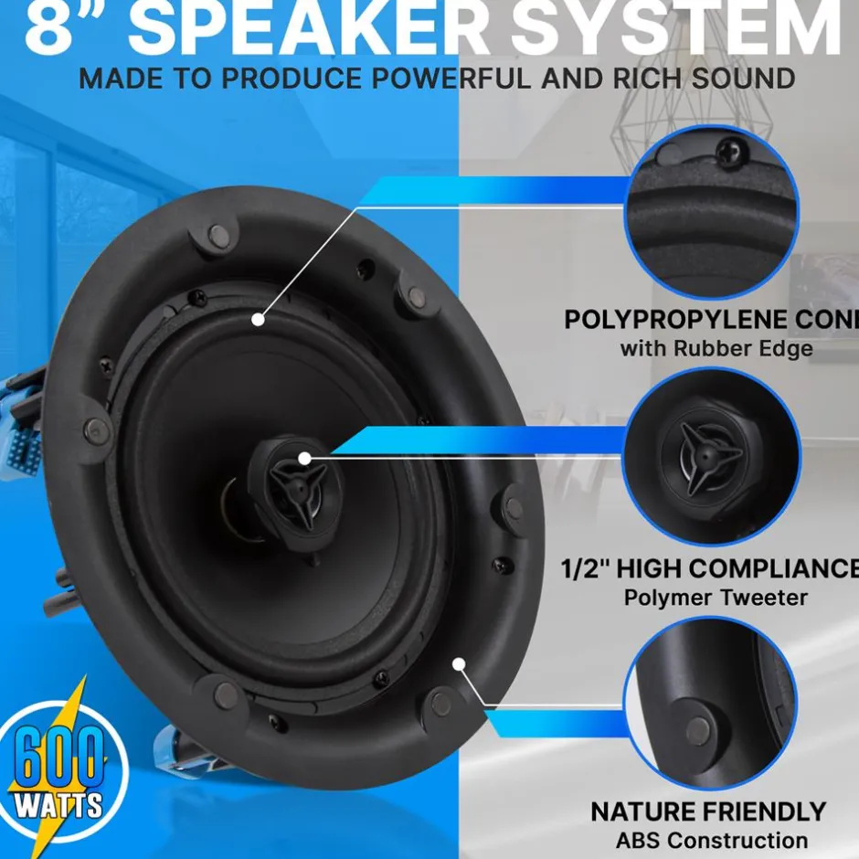 Ceiling Speaker 600W Stereo Sound 8" 2-Way White<Pyle Online
