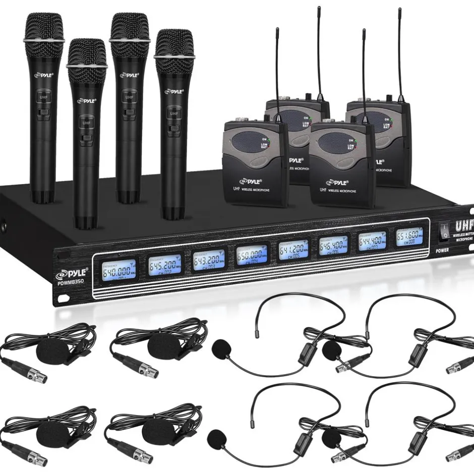 8-Ch Wireless Mic System, 600ft Range, Rack Mount, 4 Handheld & 4 Headset Mics<Pyle New