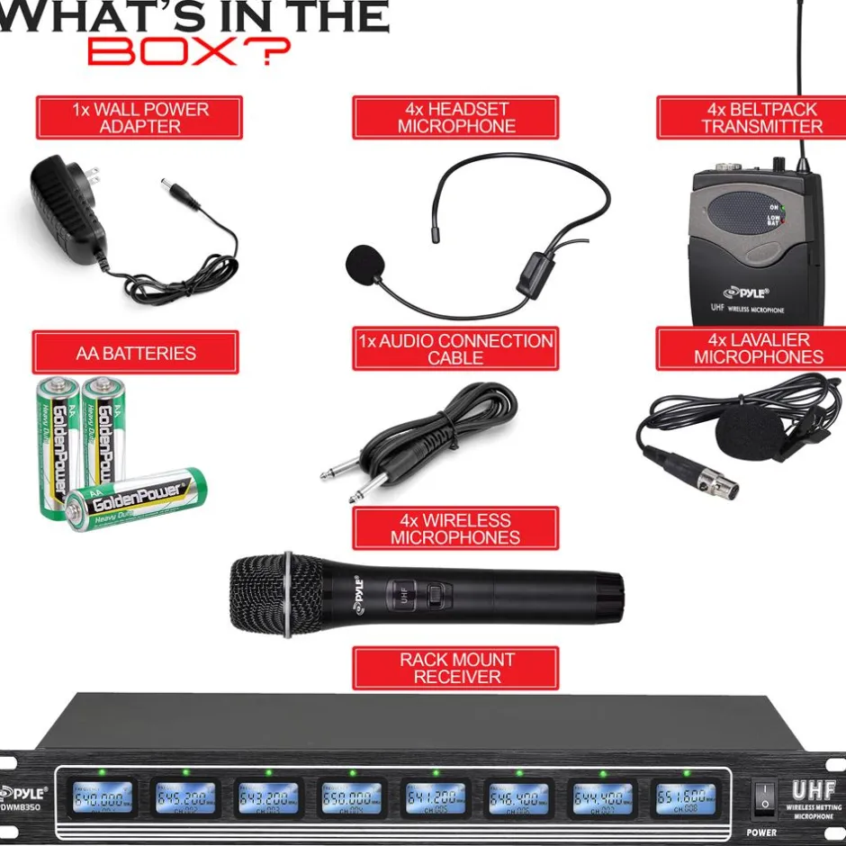 8-Ch Wireless Mic System, 600ft Range, Rack Mount, 4 Handheld & 4 Headset Mics<Pyle New