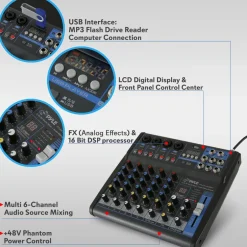 6-Channel Audio Mixer - Bluetooth Streaming - 48V Phantom Power<Pyle Hot