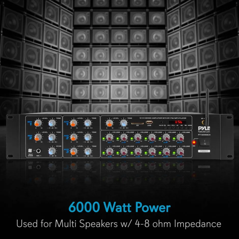 12-Channel Bluetooth Amplifier 6000W Multi-Zone Mixer with USB/SD/AUX<Pyle Hot