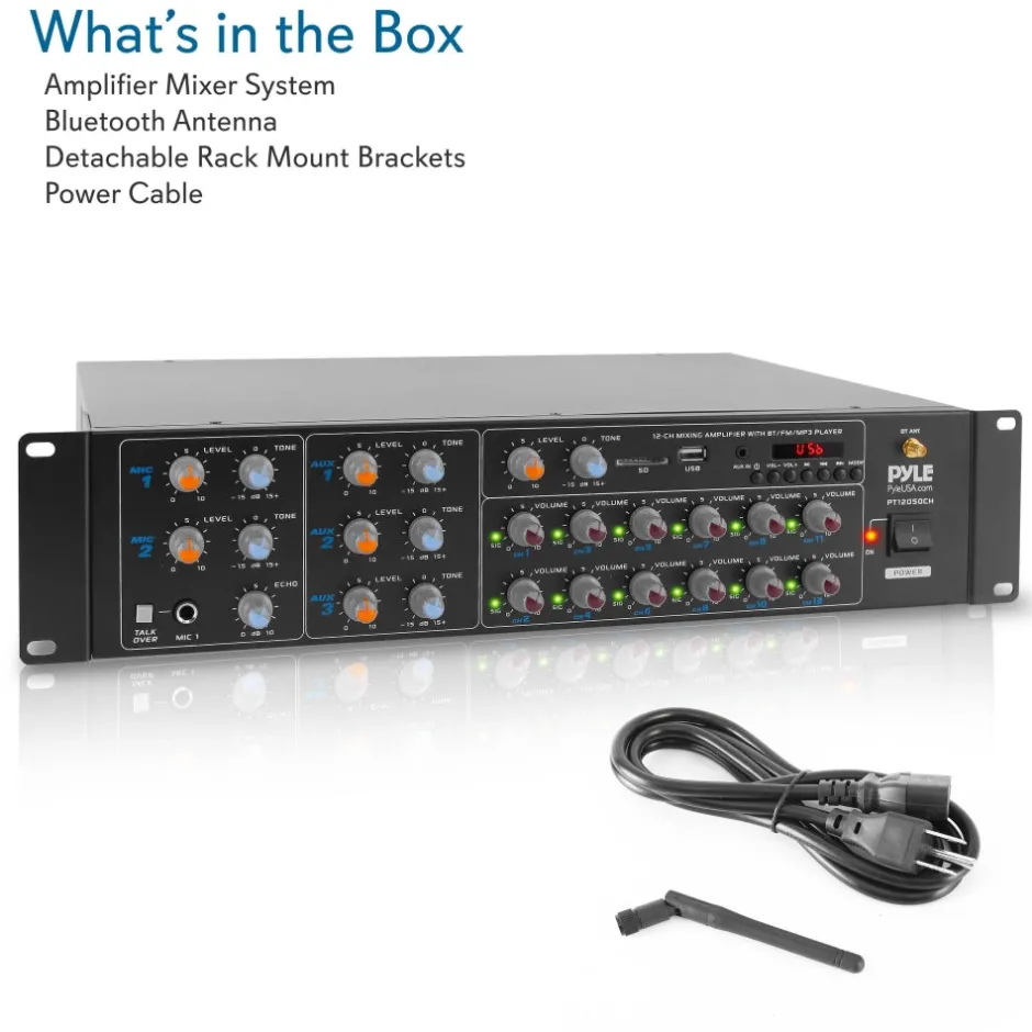 12-Channel Bluetooth Amplifier 6000W Multi-Zone Mixer with USB/SD/AUX<Pyle Hot