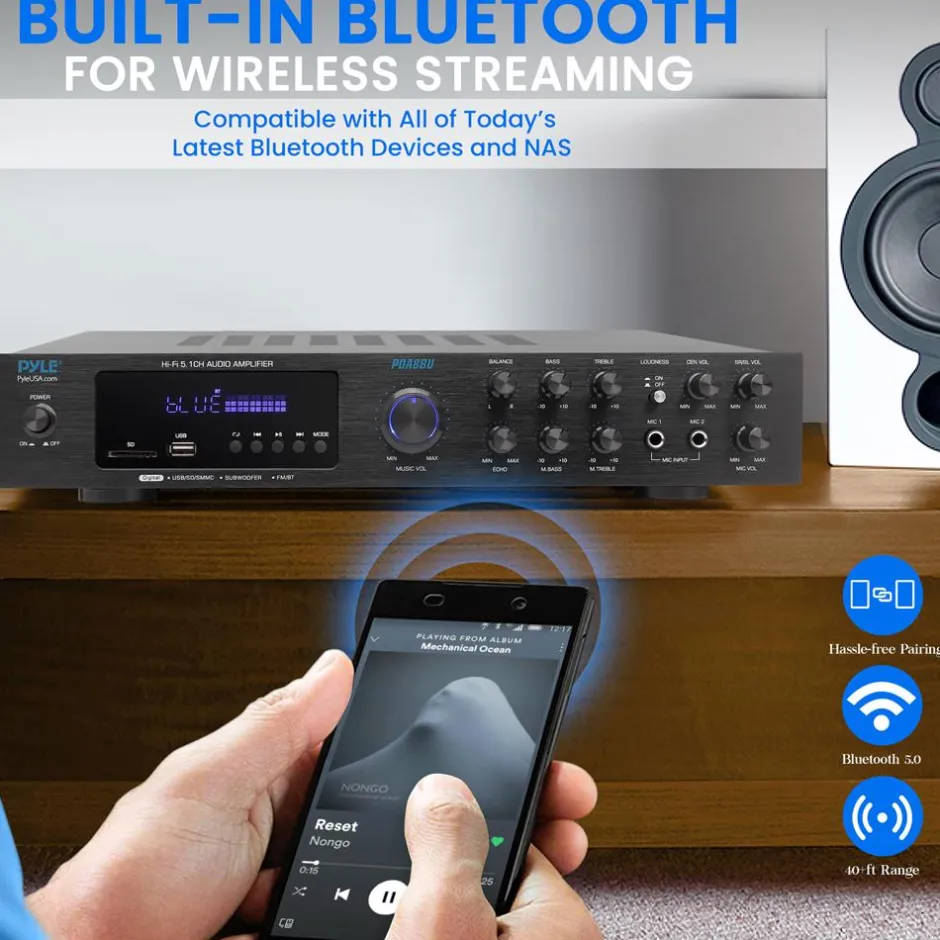 5-Channel Bluetooth Audio Amplifier, Wireless Streaming, VFD Display<Pyle Best