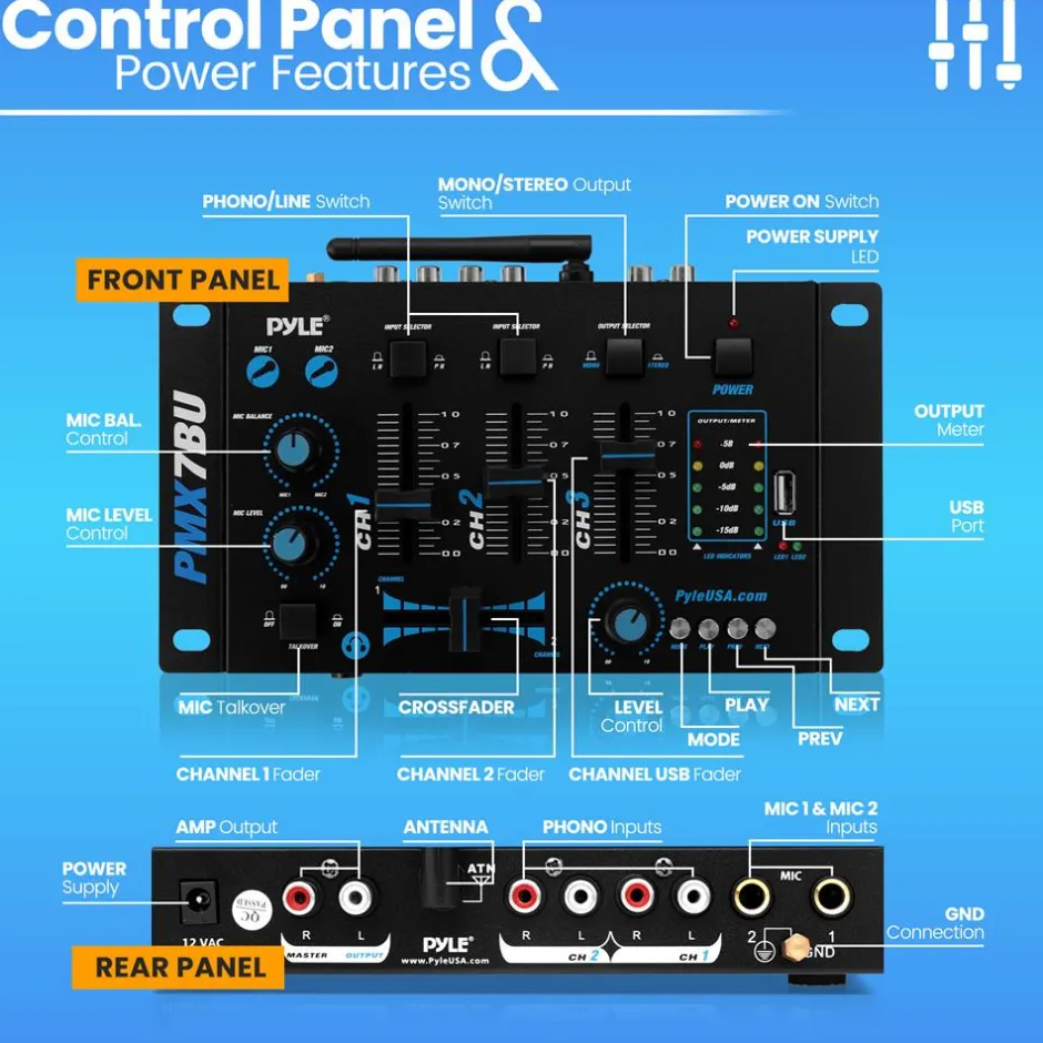 3-Channel Bluetooth DJ Mixer, Wireless Streaming, USB Reader, Blue<Pyle New