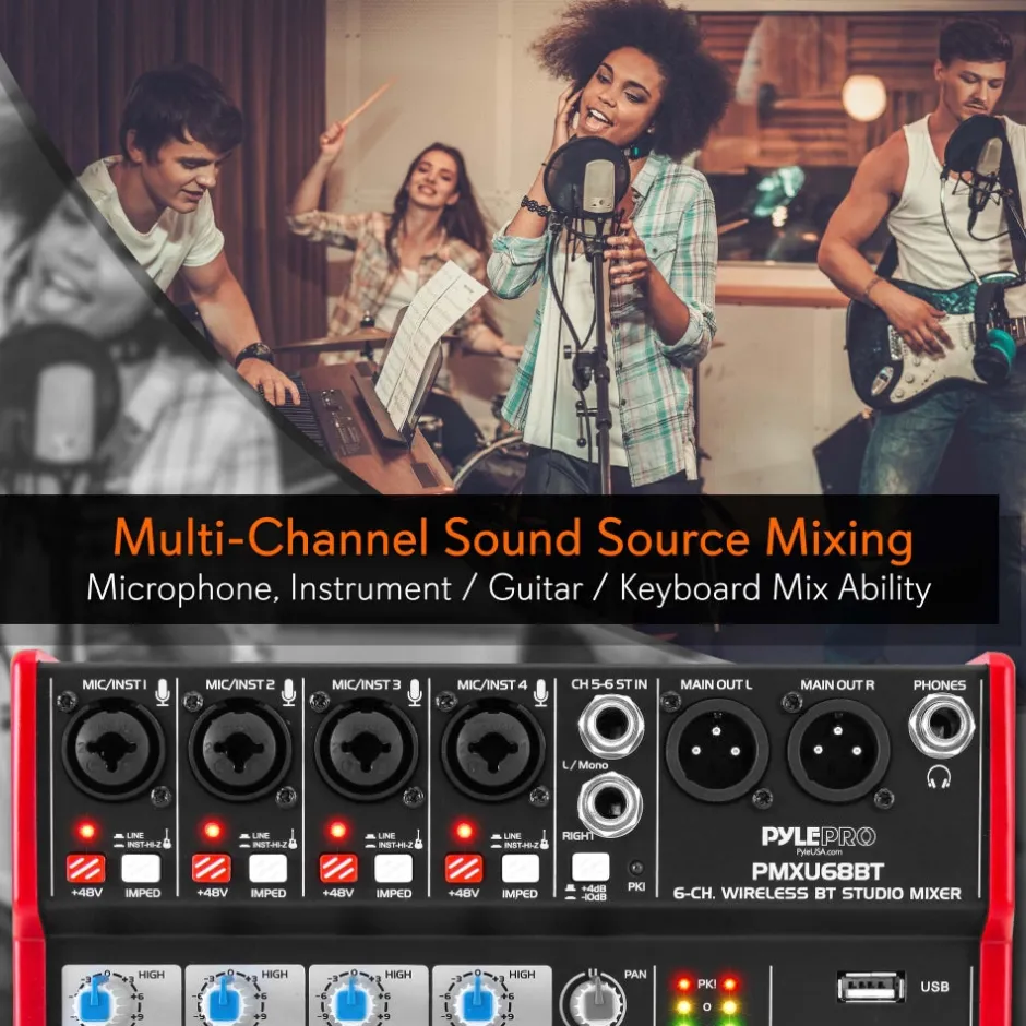 6-Channel Bluetooth DJ Mixer - Pro Audio, USB Interface, Phantom Power<Pyle Sale
