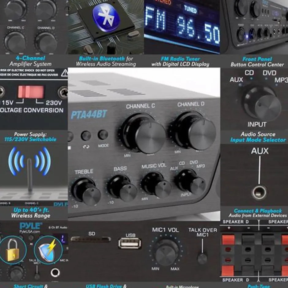 4-Channel Bluetooth Home Audio Amplifier with FM Radio<Pyle Online