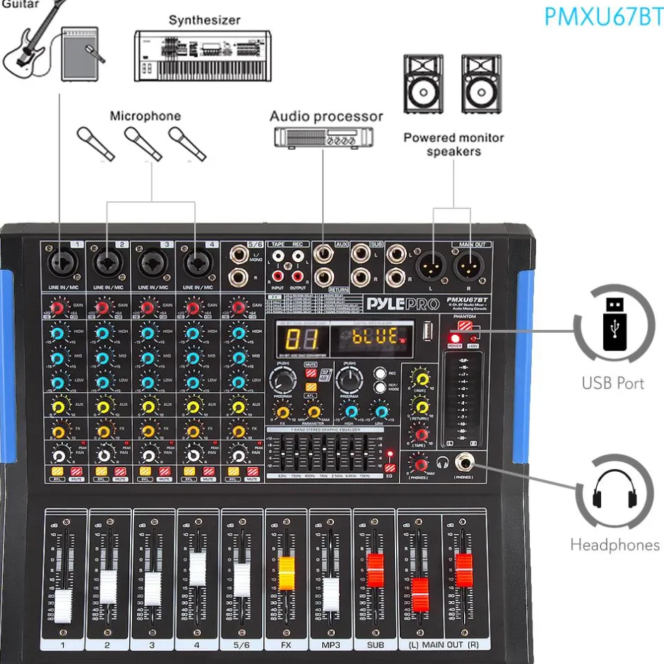 6-Channel Bluetooth Mixer - Pro Audio Control, 16 DSP Effects, USB Input<Pyle Online