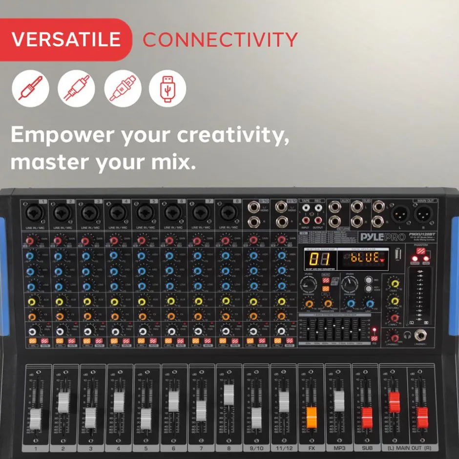 12-Channel Bluetooth Studio Mixer - USB Recording, 7-Band EQ, 48V Power<Pyle Outlet