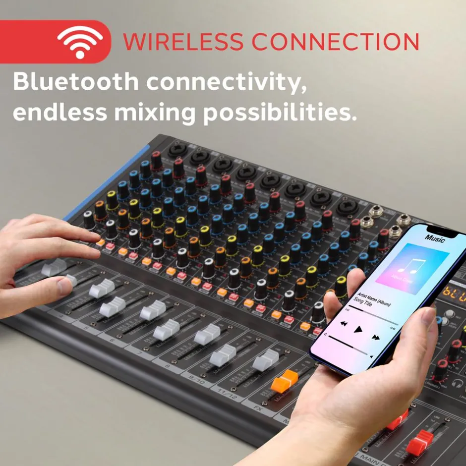 12-Channel Bluetooth Studio Mixer - USB Recording, 7-Band EQ, 48V Power<Pyle Outlet