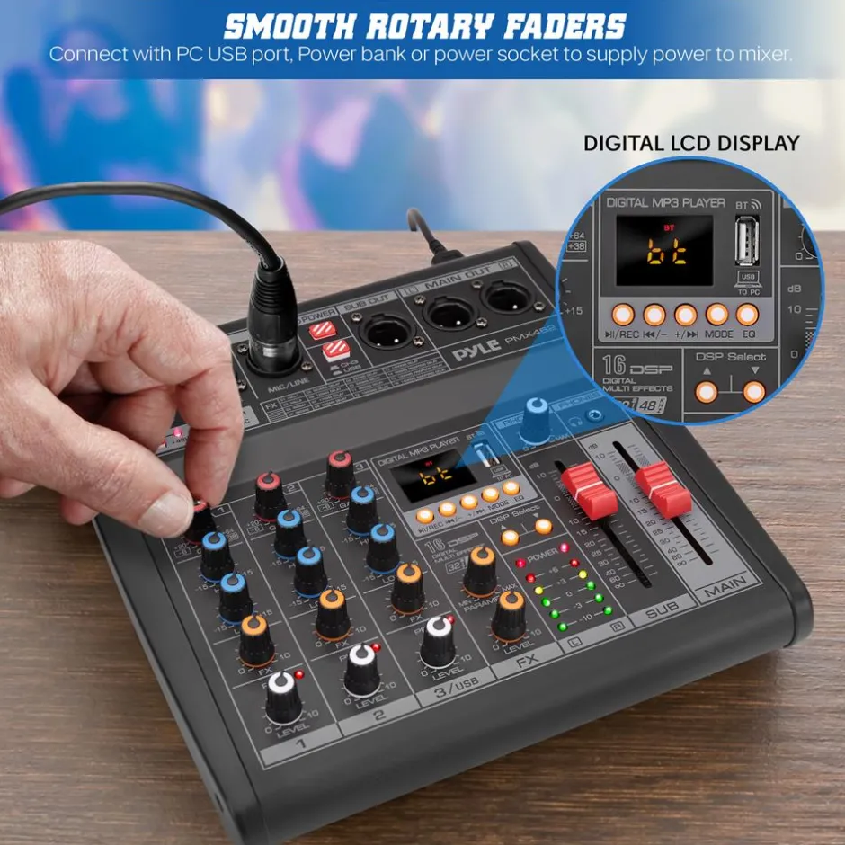 3-Channel DJ Audio Mixer - 16 DSP Effects, USB Interface, Phantom Power<Pyle Sale