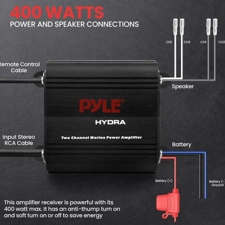 2-Channel Marine Amplifier, Waterproof, 400W Power, RCA Input<Pyle Discount