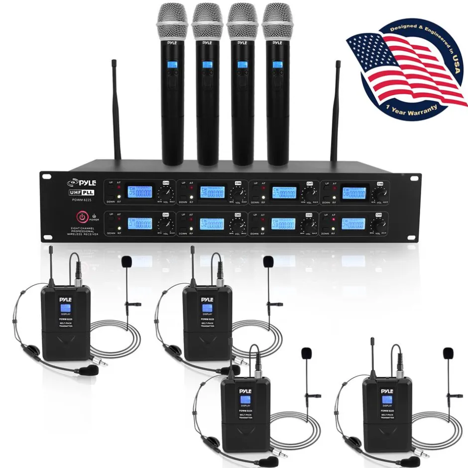 8-Channel UHF Wireless Mic System, 164 ft Range, Digital Display<Pyle New