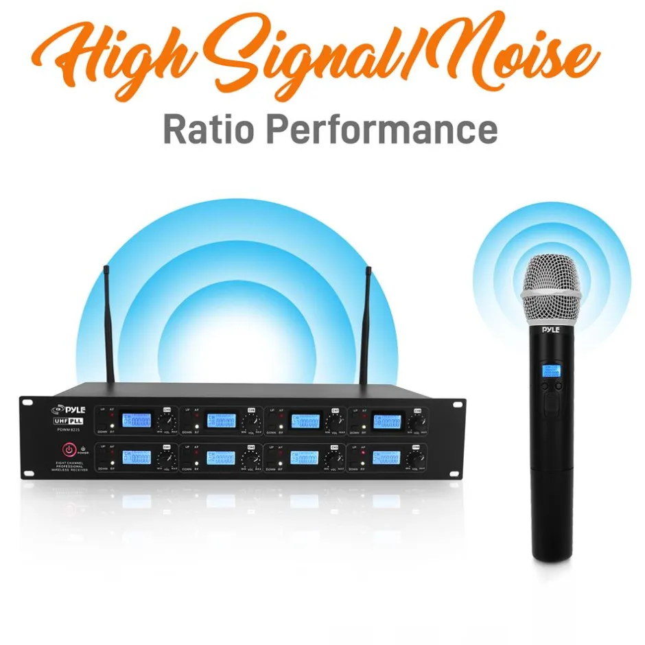 8-Channel UHF Wireless Mic System, 164 ft Range, Digital Display<Pyle New