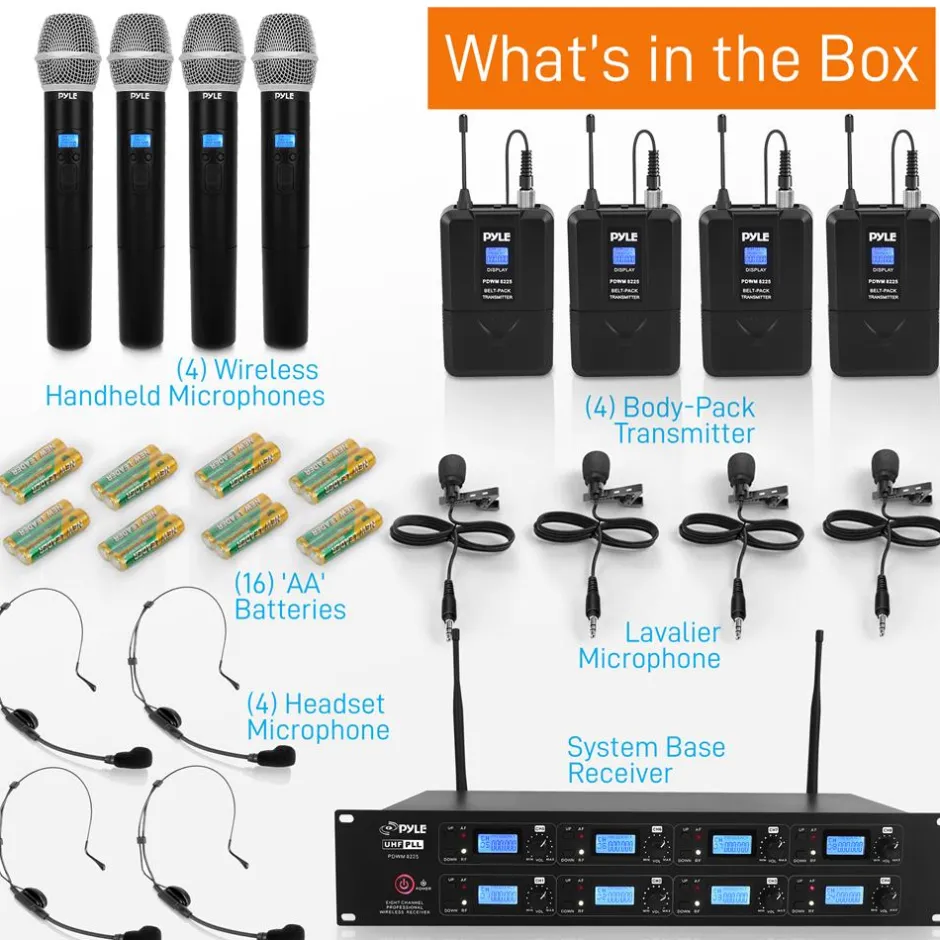 8-Channel UHF Wireless Mic System, 164 ft Range, Digital Display<Pyle New