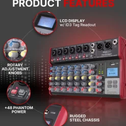 8-Channel Wireless DJ Mixer - Bluetooth Streaming, USB, +48V Phantom Power<Pyle New