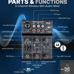 3-Channel Wireless DJ Mixer - Bluetooth 5.0, USB Interface, Phantom Power<Pyle Clearance