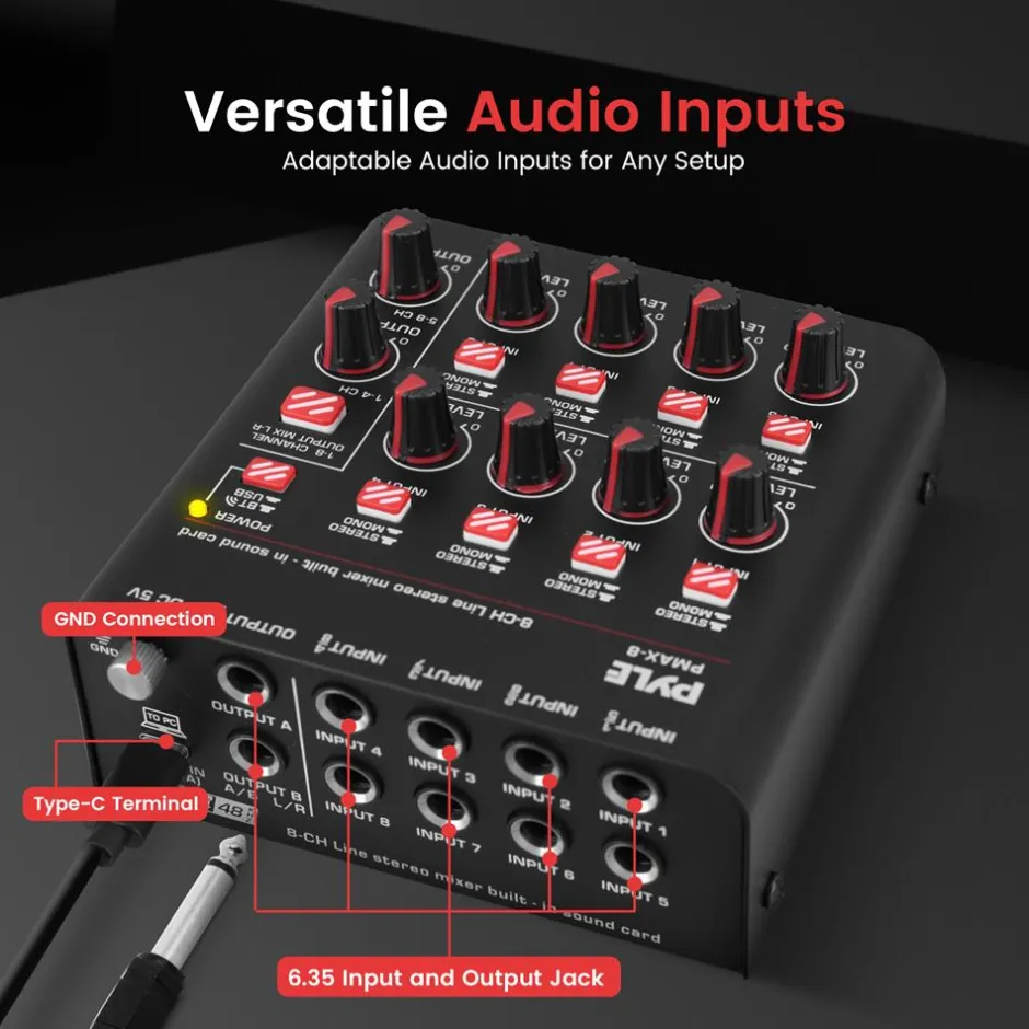8-Channel Wireless Mixer, Low Noise, USB Sound Card, Compact Size<Pyle New